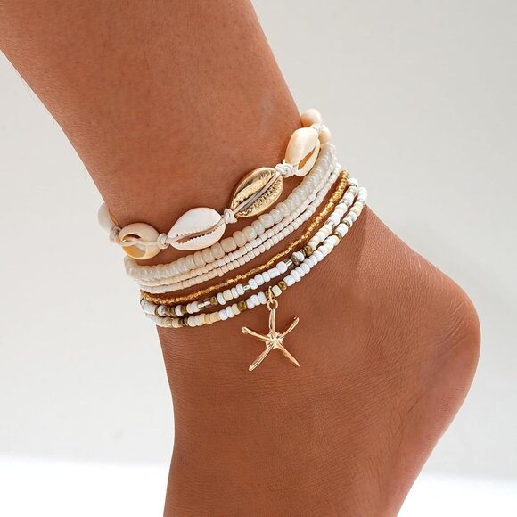 Women Boho Shell Anklet Set Beaded Starfish Adjustable Beach Foot Jewelry - Picture 3 of 7